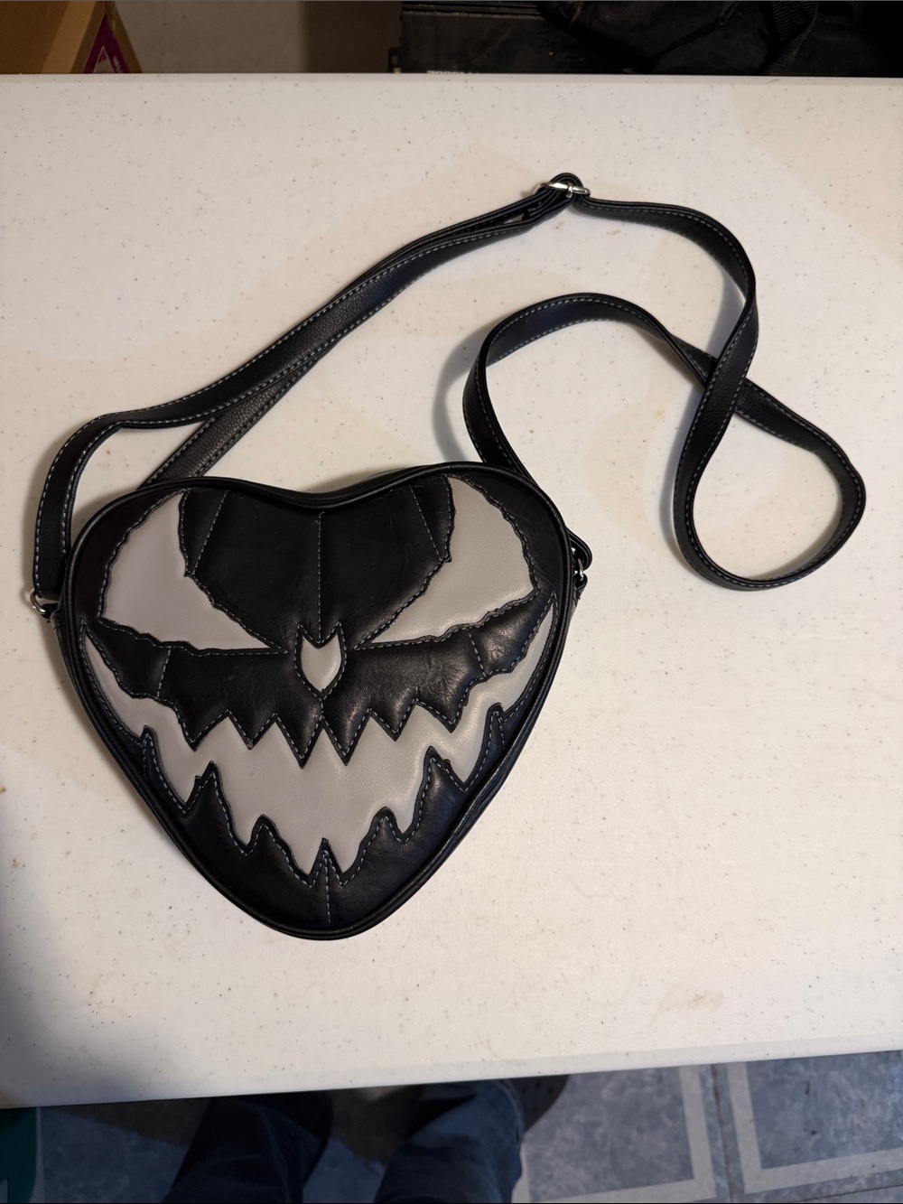 Black and Gray Heart Face Crossbody Bag with Adjustable Strap